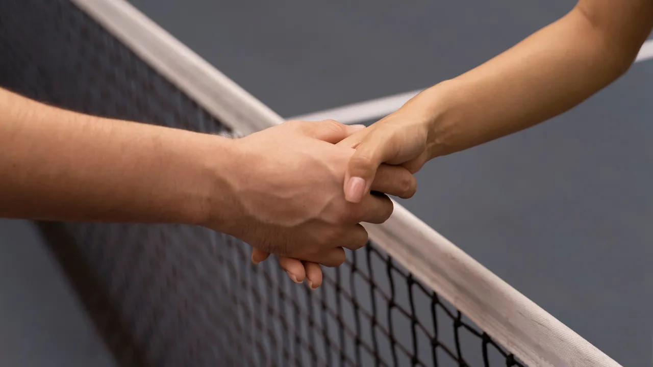 Dos jugadores dándose la mano sobre la red de pádel tras un partido