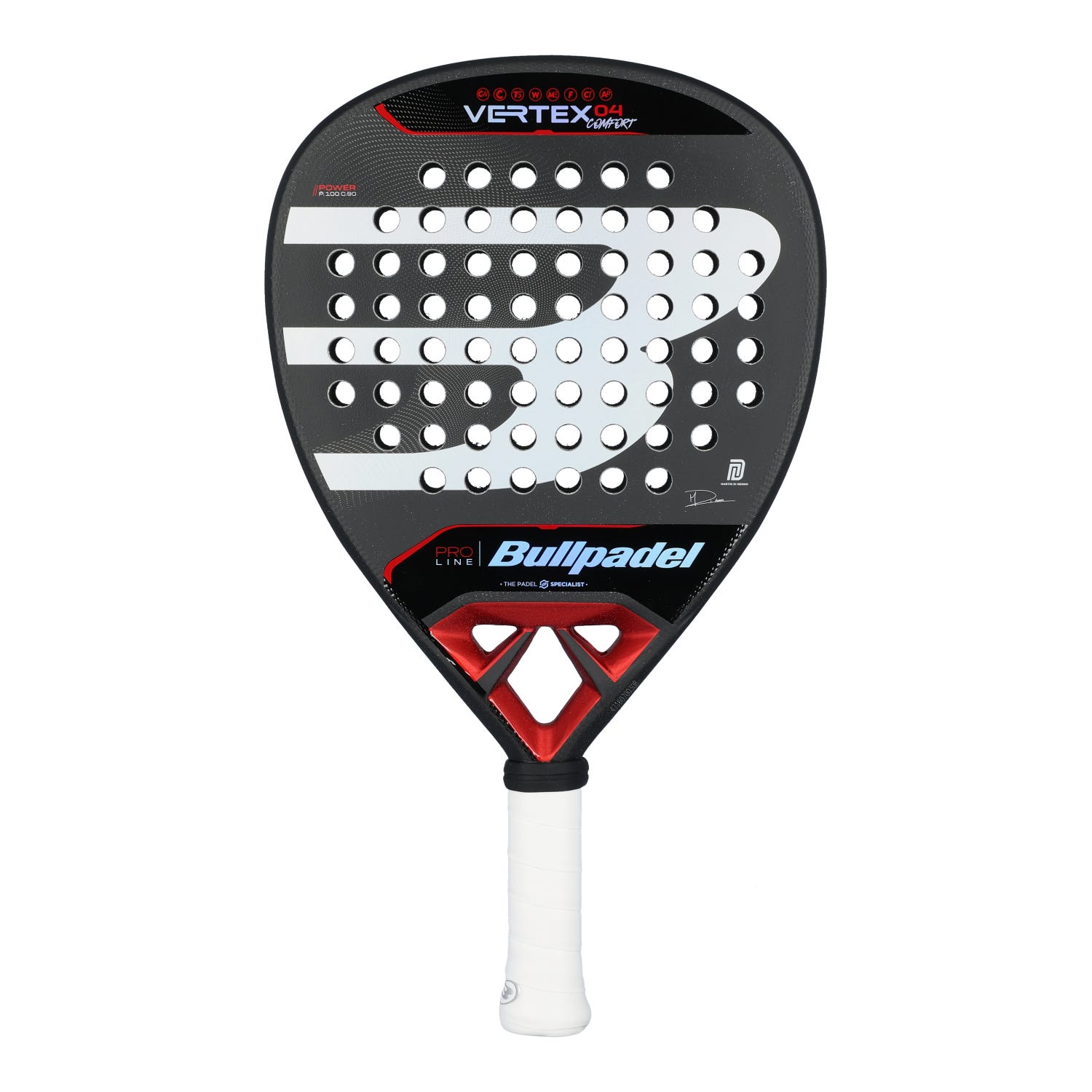 Pala Bullpadel Vertex 04 Comfort, forma diamante con balance alto, vista frontal sobre fondo blanco