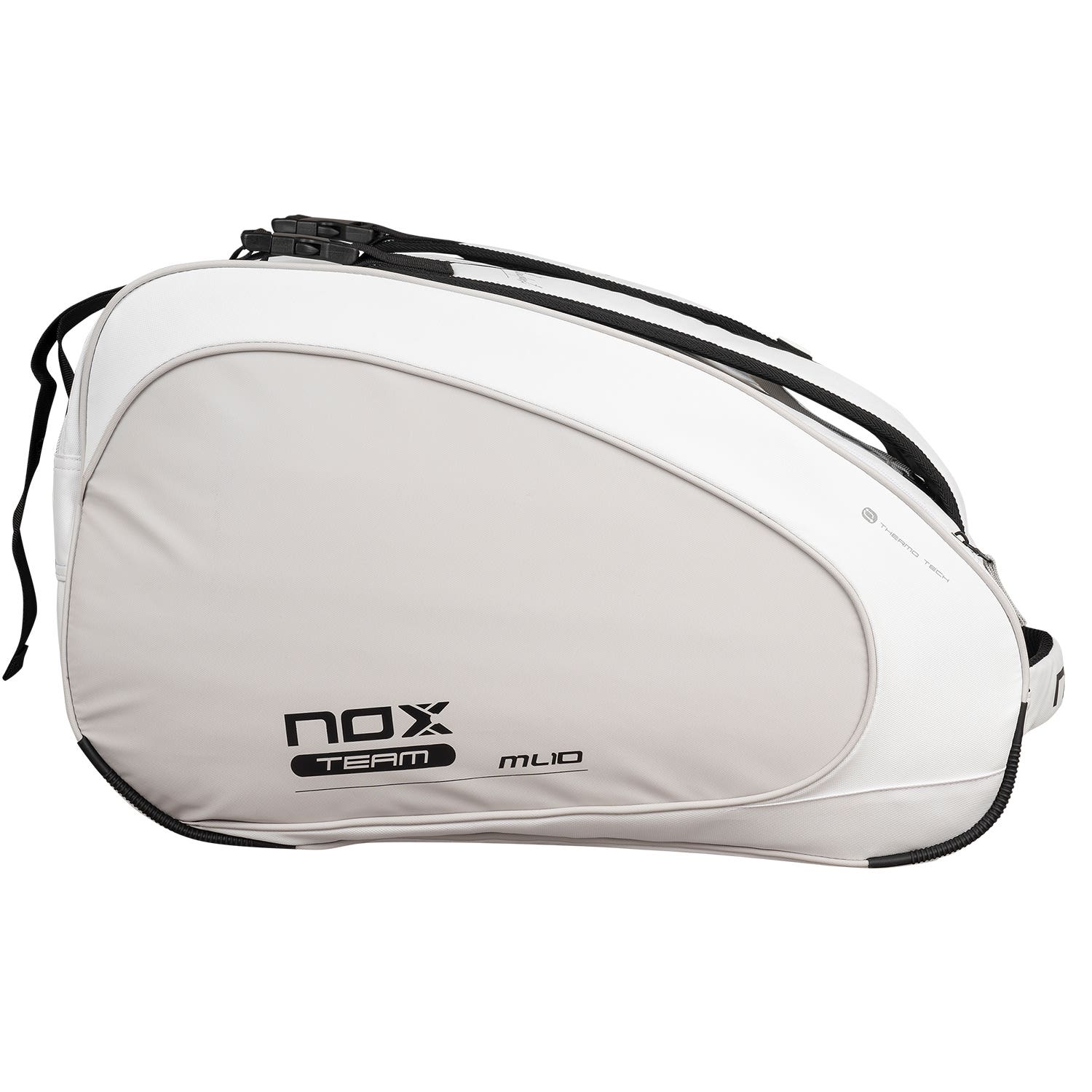 Paletero Nox ML10 Team blanco y gris, vista frontal con el compartimento de palas cerrado
