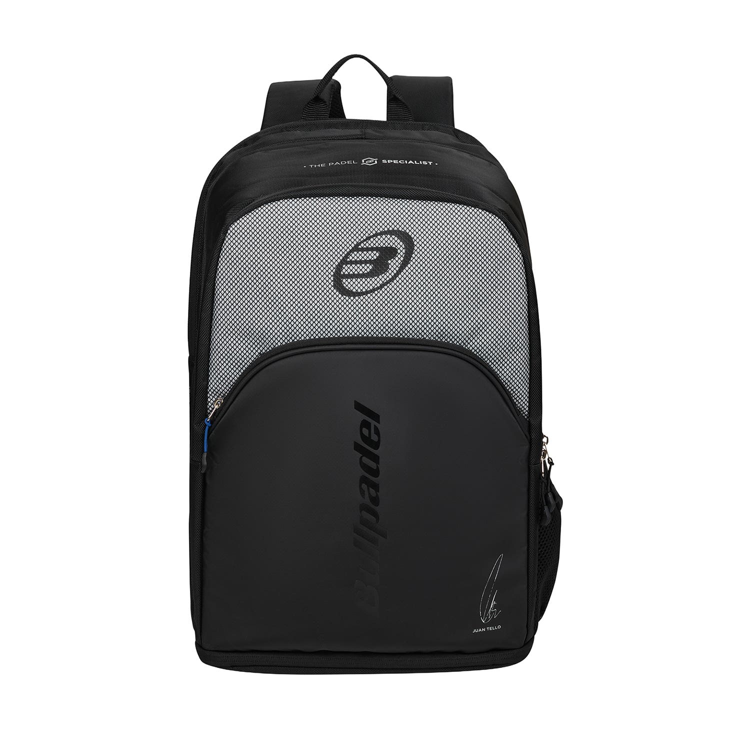 Mochila Bullpadel Vertex BPM26007 negra, vista frontal con los tirantes acolchados